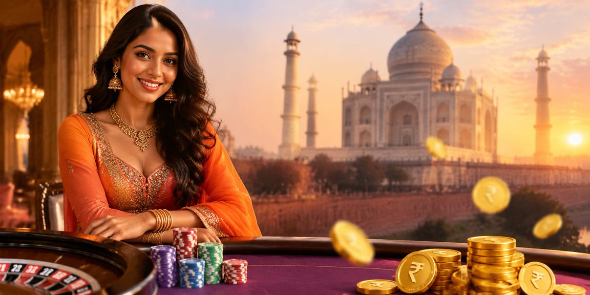 Taj Mahal with casino and rupee neon signs at night