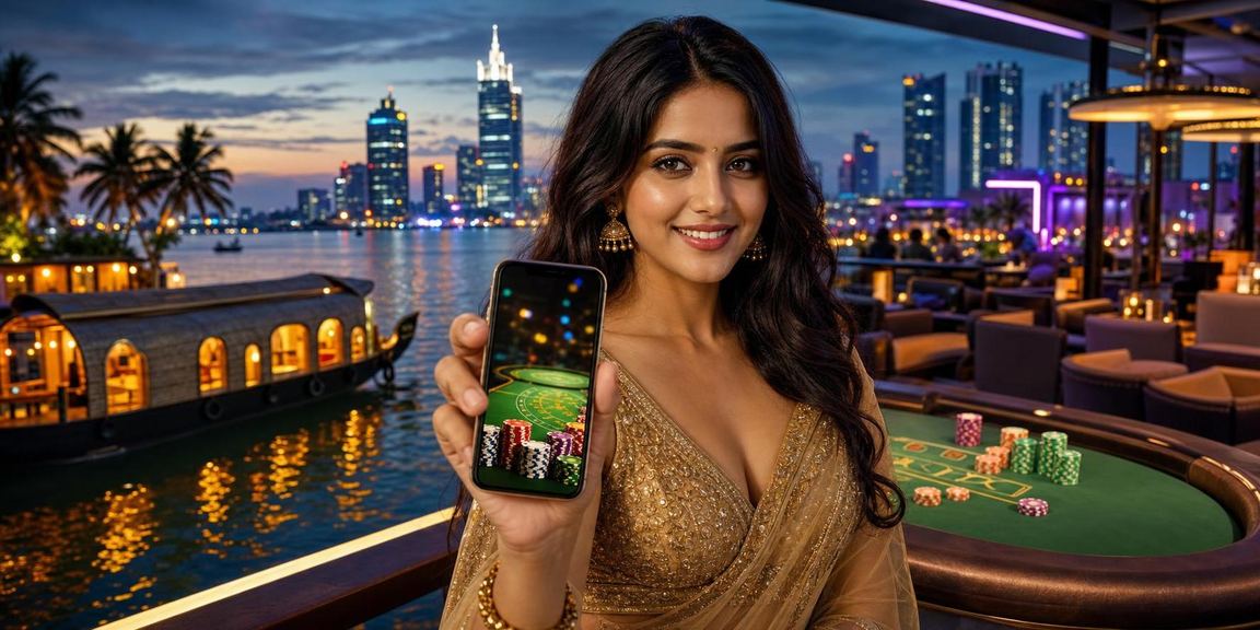 Kerala backwaters scene with casino mobile app gameplay